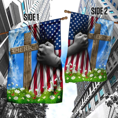 God Bless America Christian Cross US Flag, Outdoor Christian House Flag, Christian Flag, Scripture Flag, Garden Banner