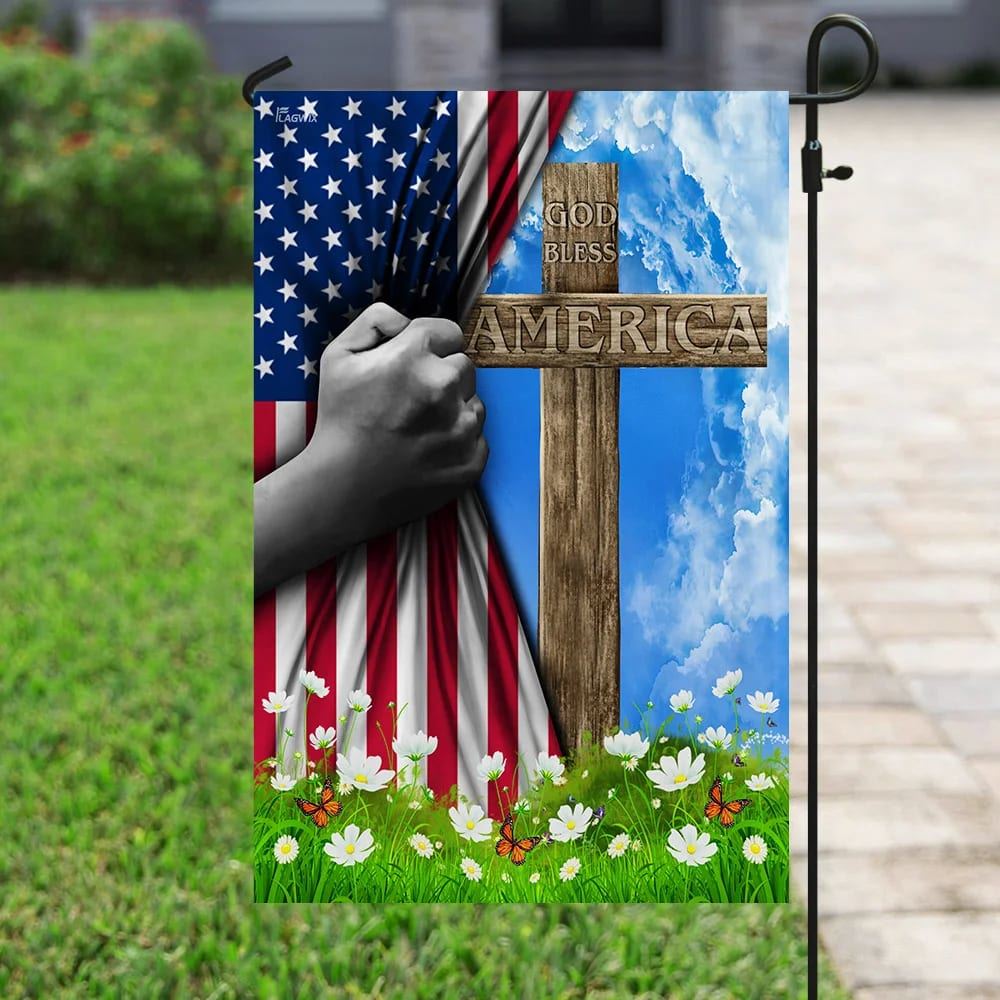 God Bless America Christian Cross US Flag, Outdoor Christian House Flag, Christian Flag, Scripture Flag, Garden Banner