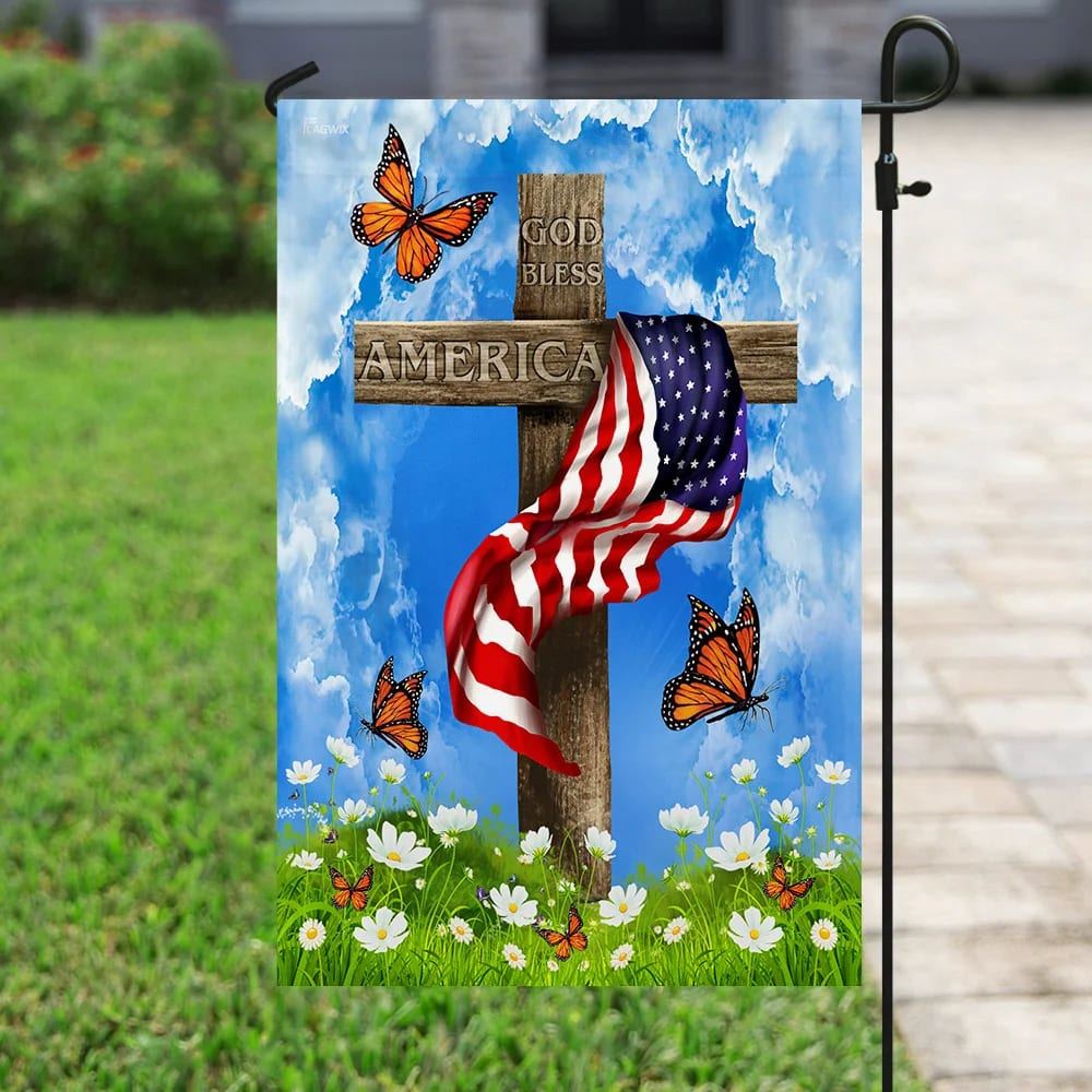 God Bless America Christian Cross US House Flags, Christian Flag, Scripture Flag, Garden Banner