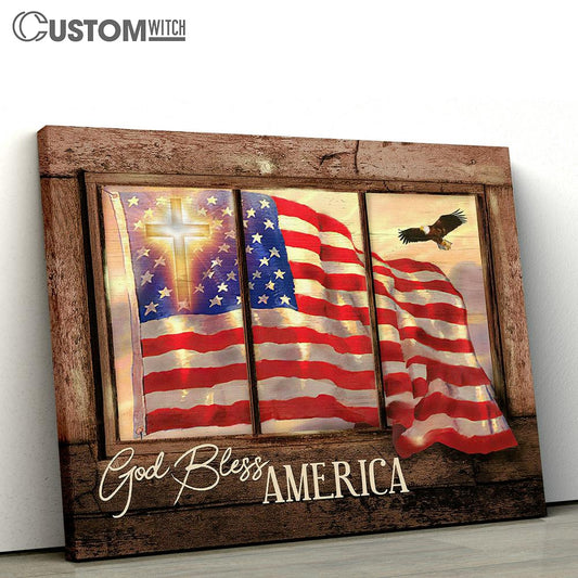 God Bless America Us Flag Cross Canvas Prints - Religious Canvas Art - Christian Home Decor