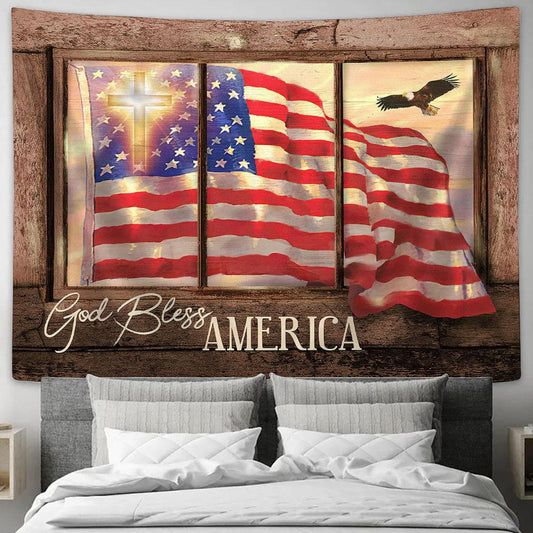 God Bless America Us Flag Cross Tapestry Prints - Religious Tapestry Art - Christian Home Decor