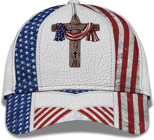 God Bless American Flag On Cross All Over Print Baseball Cap, God Cap, Gift Ideas For Male