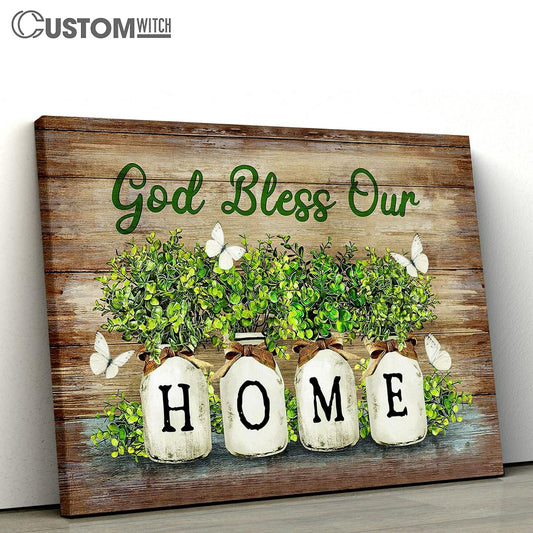 God Bless Our Home Baby Rubber Plant Vase White Butterfly Canvas Wall Art - Bible Verse Canvas - Religious Prints