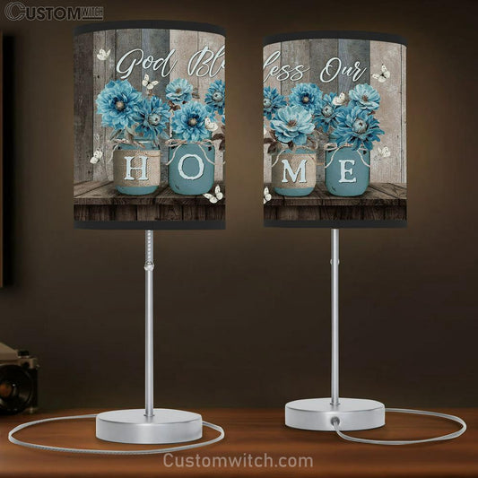 God Bless Our Home Blue Flower White Butterfly Mason Jars Table Lamb Gift - Bible Verse Table Lamb - Religious Bedroom Decor