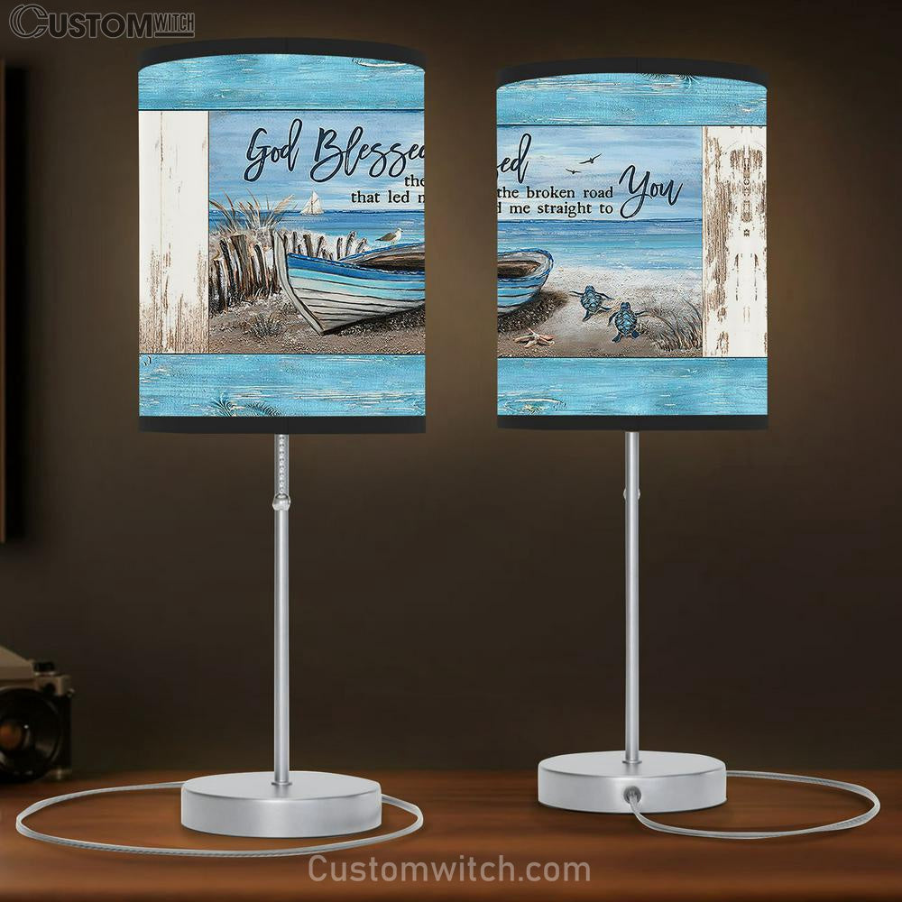 God Blessed The Broken Road Blue Wooden Boat Sea Turtle Table Lamb Gift - Bible Verse Table Lamb - Religious Bedroom Decor