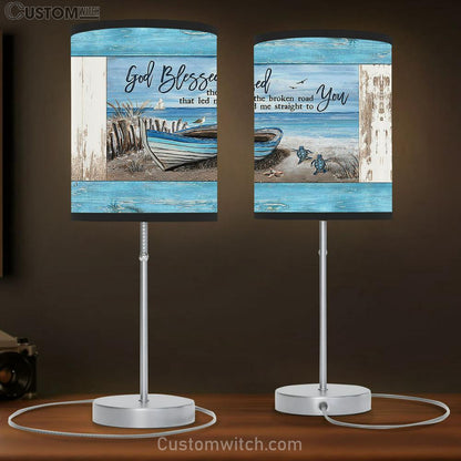God Blessed The Broken Road Blue Wooden Boat Sea Turtle Table Lamb Gift - Bible Verse Table Lamb - Religious Bedroom Decor