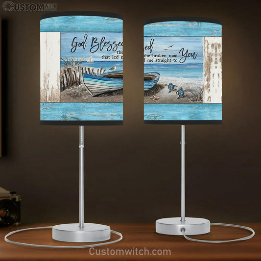 God Blessed The Broken Road Blue Wooden Boat Sea Turtle Table Lamb Gift - Bible Verse Table Lamb - Religious Bedroom Decor