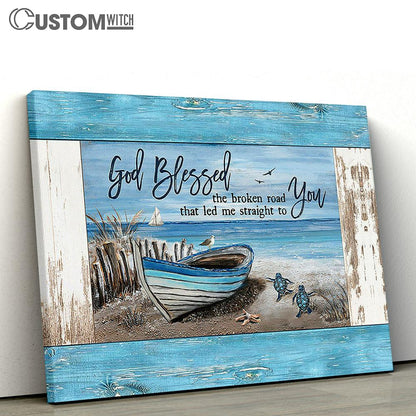 God Blessed The Broken Road Blue Wooden Boat Sea Turtle Canvas Wall Art - Bible Verse Canvas - Religious Prints