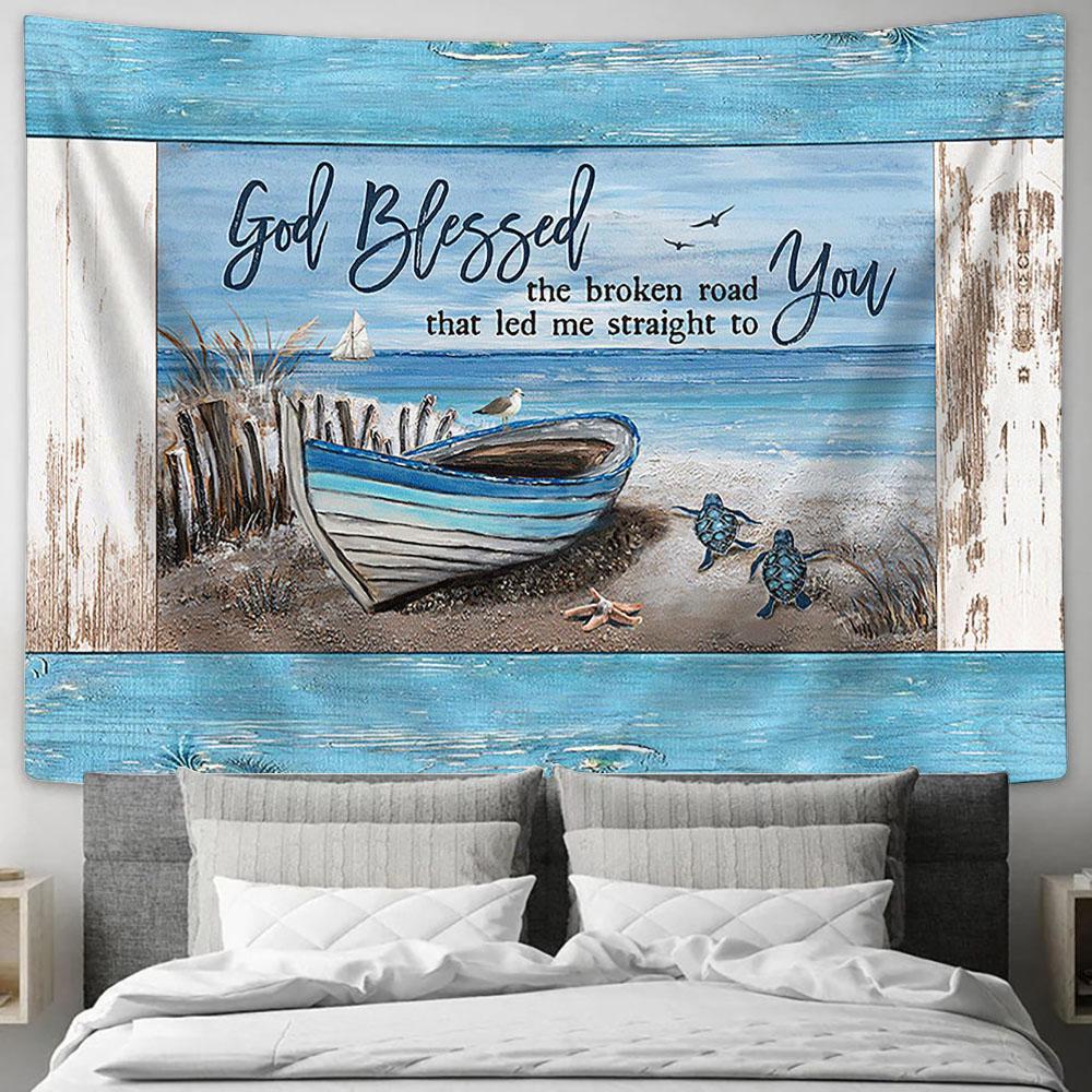 God Blessed The Broken Road Blue Wooden Boat Sea Turtle Tapestry Wall Art - Bible Verse Tapestry - Religious Tapestry Wall Hanging