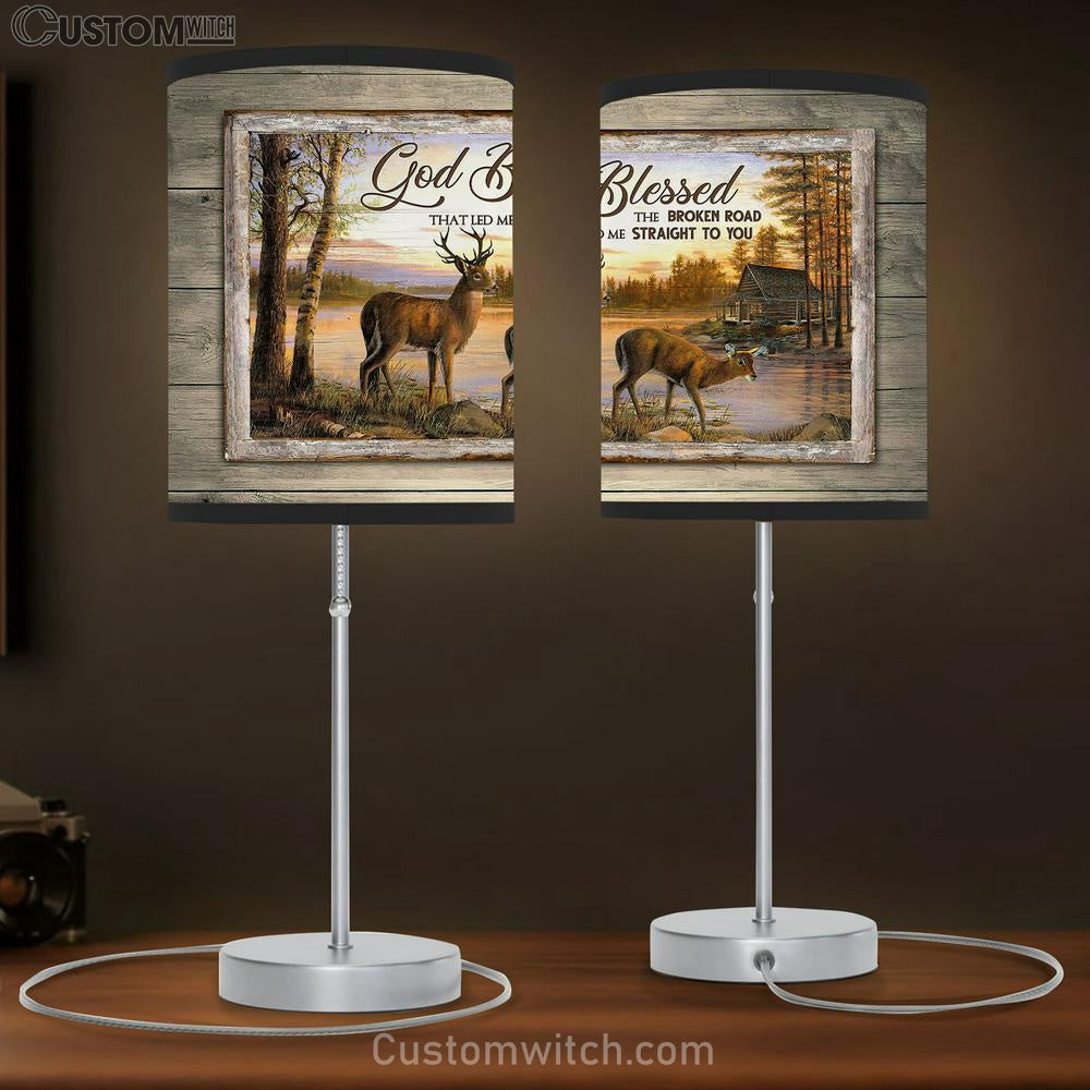 God Blessed The Broken Road Brown Deer Table Lamb Prints - Religious Table Lamb Art - Christian Home Decor