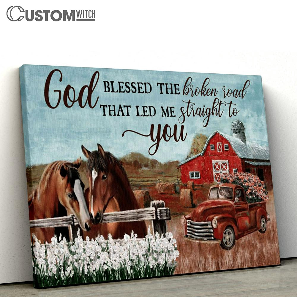God Blessed The Broken Road Horses White Flower Field Ladybug Car Canvas Prints - Christian Wall Art - Religious Home Decor