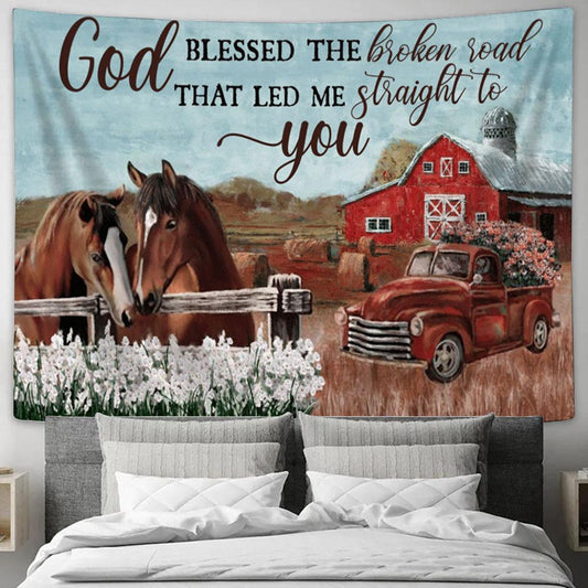 God Blessed The Broken Road Horses White Flower Field Ladybug Car Tapestry Prints - Christian Wall Art - Religious Home Decor