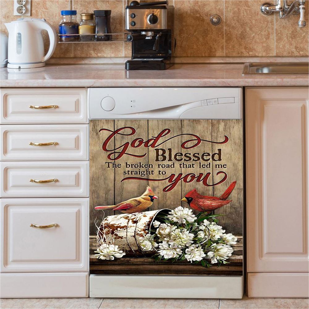 God Blessed The Broken Road Lovely Cardinal Dishwasher Cover, Bible Verse Dishwasher Stickers, Christian Inspirational Kitchen Decor