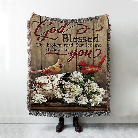 God Blessed The Broken Road Lovely Cardinal Woven Blanket Art - Bible Verse Throw Blanket - Christian Inspirational Boho Blanket
