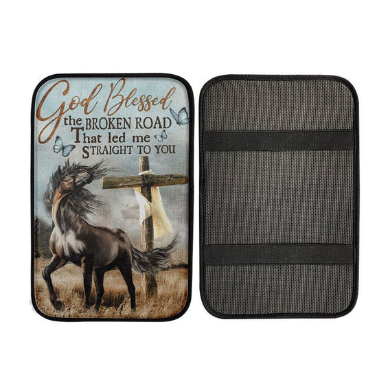 God Blessed The Broken Road That Led Me Straight To You Car Armrest Pad - Horse Cross Butterflies Car Center Console Cover