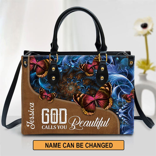 God Calls You Beautiful Leather Bag, Custom Name Butterfly Leather Handbag, Christian Gifts For Women