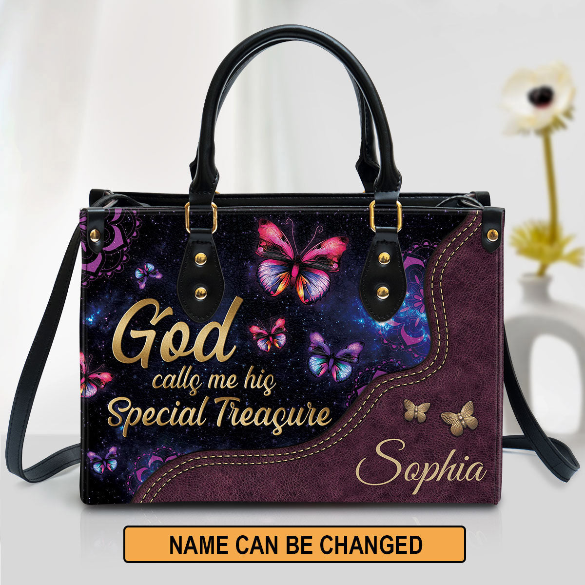 God Calls You His Treasure Leather Bag, Custom Name Butterfly Leather Handbag, Christian Gifts For Women