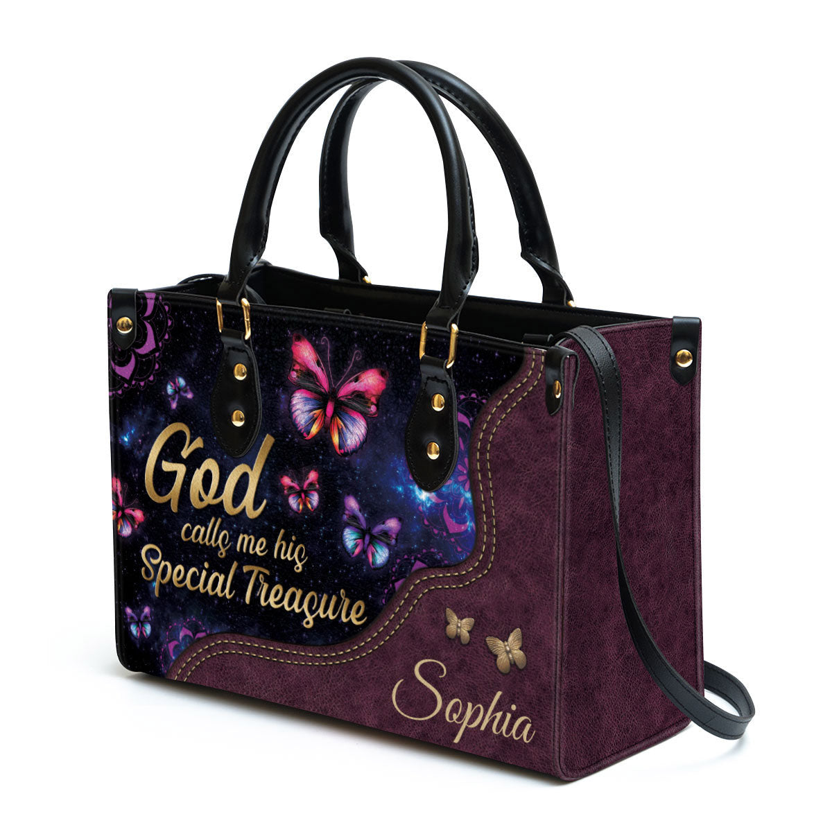 God Calls You His Treasure Leather Bag, Custom Name Butterfly Leather Handbag, Christian Gifts For Women