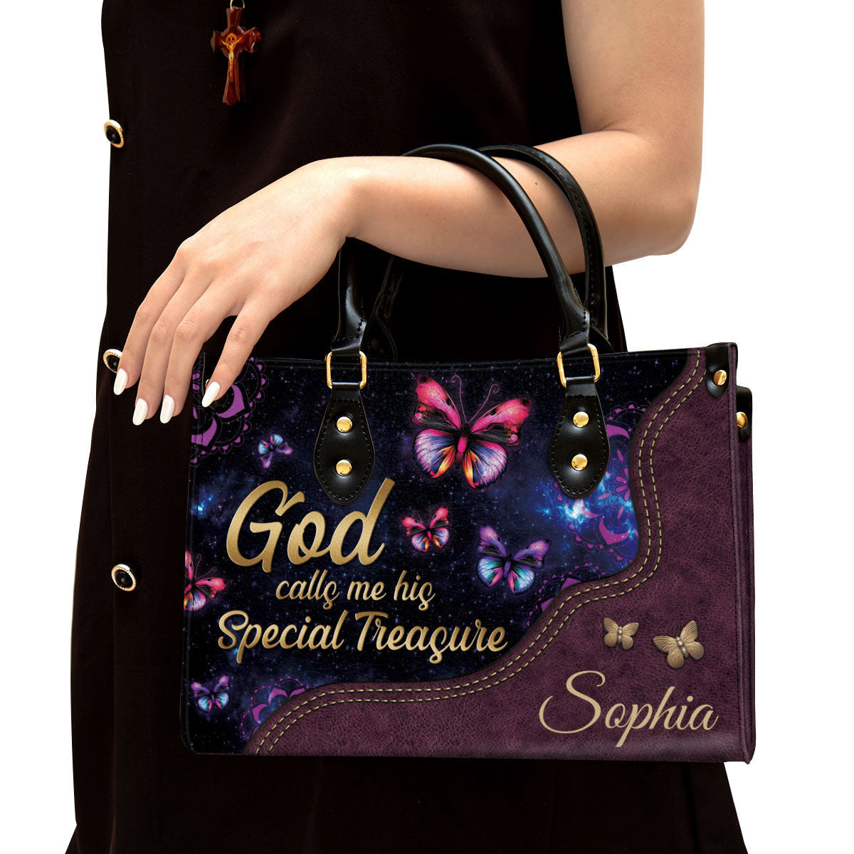 God Calls You His Treasure Leather Bag, Custom Name Butterfly Leather Handbag, Christian Gifts For Women