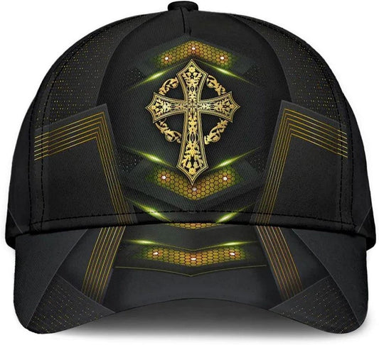 God Cross Metal Gold All Over Print Baseball Cap, God Cap, Gift Ideas For Male