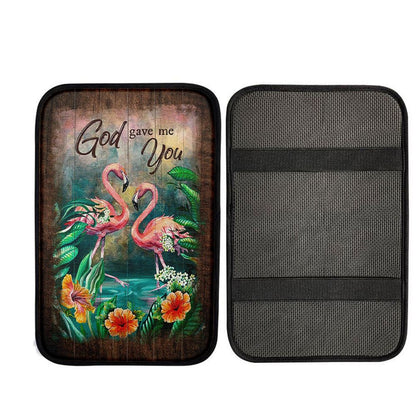 God Gave Me You Flamingo Hibiscus Car Center Console Cover, Religious Car Interior Accessories
