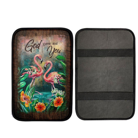 God Gave Me You Flamingo Hibiscus Car Center Console Cover, Religious Car Interior Accessories