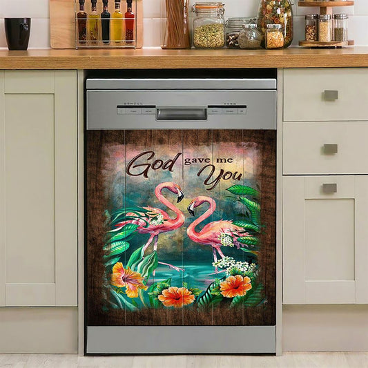 God Gave Me You Flamingo Hibiscus Dishwasher Cover, Bible Verse Dishwasher Stickers, Christian Inspirational Kitchen Decor