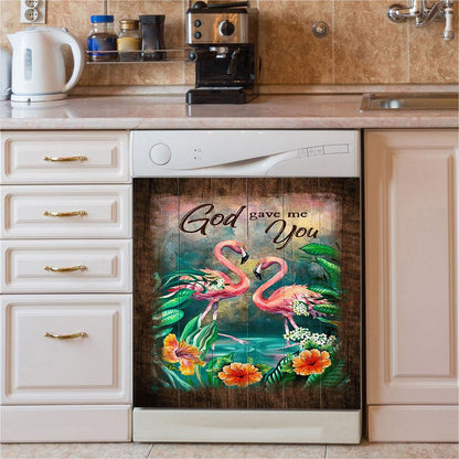 God Gave Me You Flamingo Hibiscus Dishwasher Cover, Bible Verse Dishwasher Stickers, Christian Inspirational Kitchen Decor