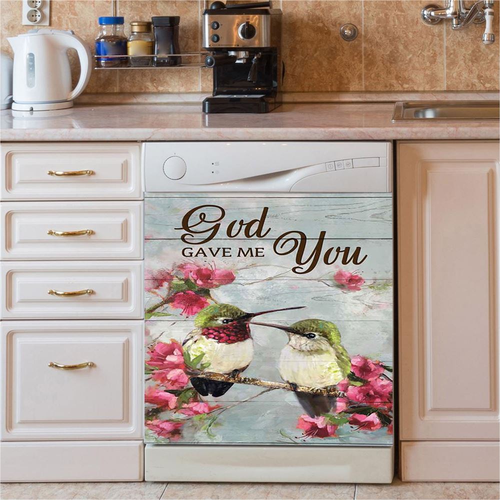 God Gave Me You Pink Flower Hummingbird Dishwasher Cover, Bible Verse Dishwasher Stickers, Christian Inspirational Kitchen Decor