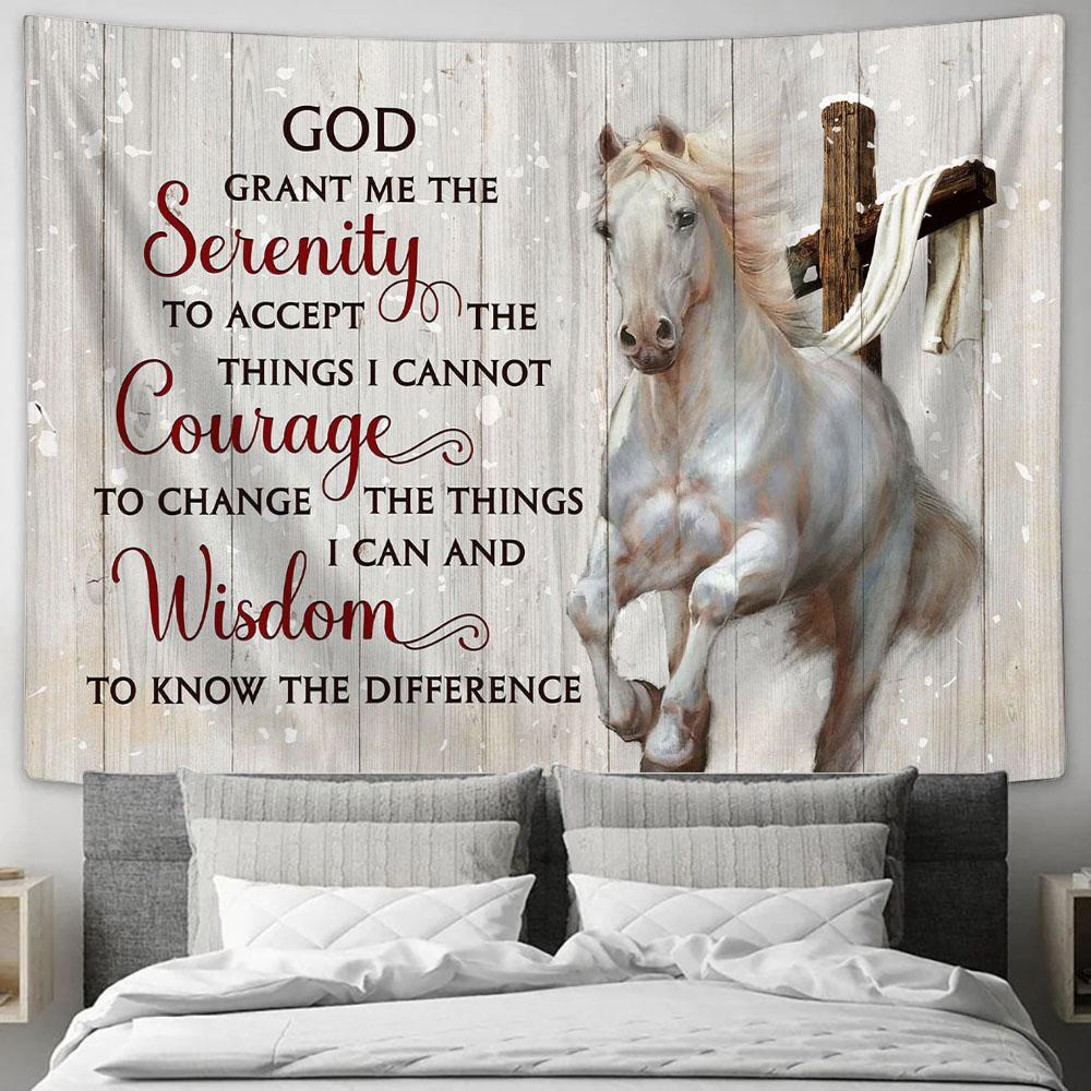 God Grant Me The Serenity To Accept The Things I Cannot Courage White Horse Wooden Cross Tapestry Prints