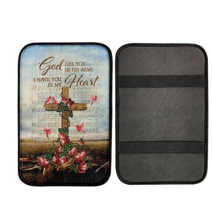 God Has You In His Arms Car Armrest Pad - Red Rose Cardinal Wooden Cross Car Center Console Cover, Christian Car Accessories