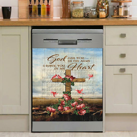 God Has You In His Arms Dishwasher Cover, Red Rose Cardinal Wooden Cross Dishwasher Stickers, Bible Verse Kitchen Decor