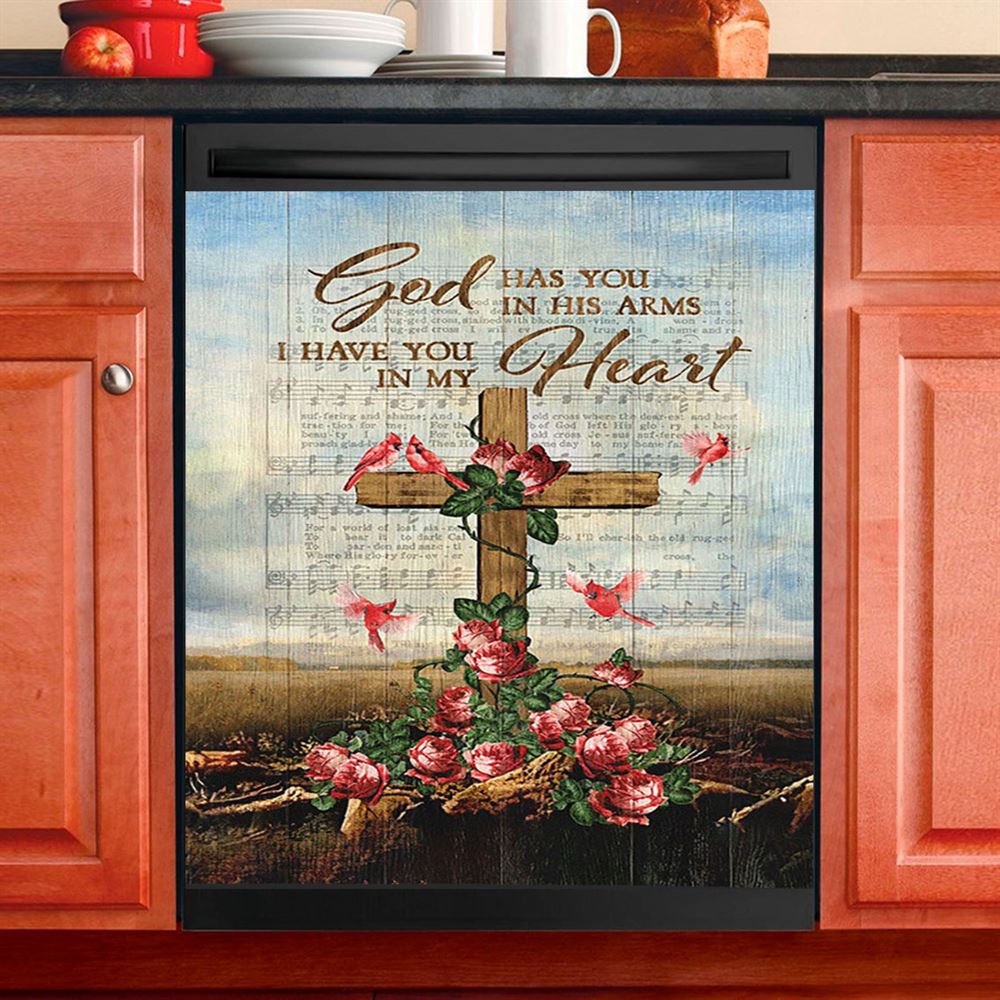God Has You In His Arms Dishwasher Cover, Red Rose Cardinal Wooden Cross Dishwasher Stickers, Bible Verse Kitchen Decor