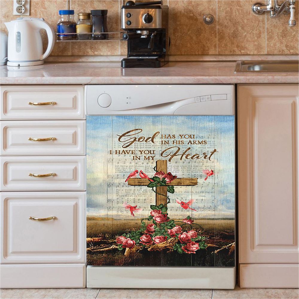 God Has You In His Arms Dishwasher Cover, Red Rose Cardinal Wooden Cross Dishwasher Stickers, Bible Verse Kitchen Decor