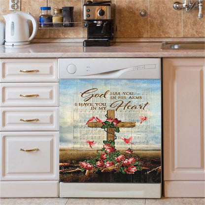 God Has You In His Arms Dishwasher Cover, Red Rose Cardinal Wooden Cross Dishwasher Stickers, Bible Verse Kitchen Decor
