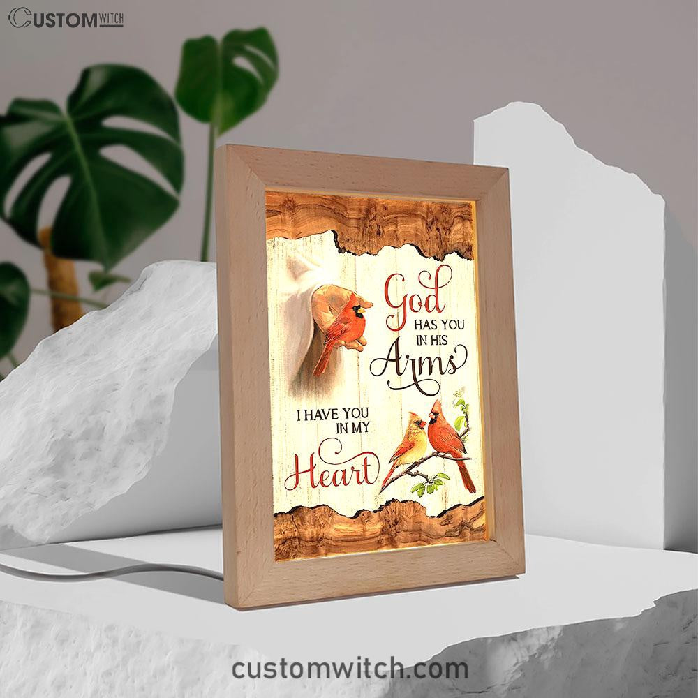 God Has You In His Arms Frame Lamp - Jesus Hand Red Cardinal Frame Lamp - Christian Art - Religious Home Decor