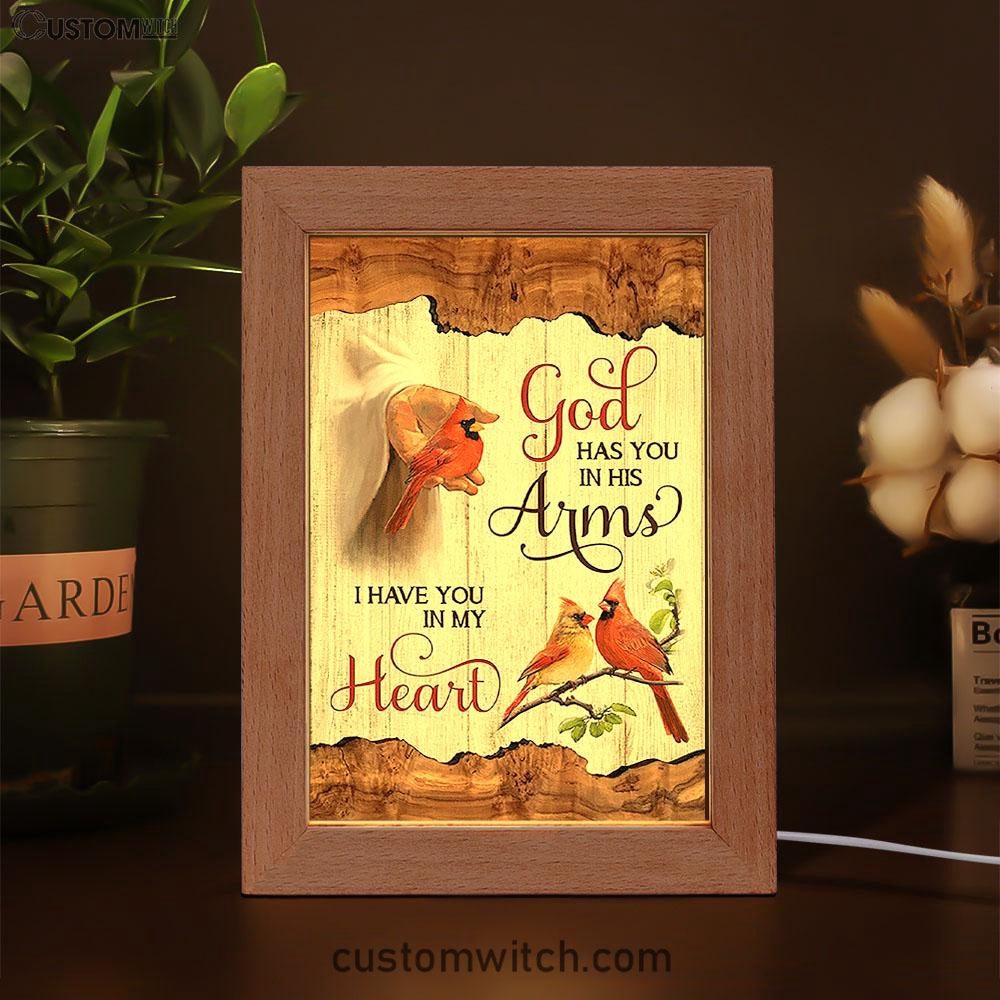 God Has You In His Arms Frame Lamp - Jesus Hand Red Cardinal Frame Lamp - Christian Art - Religious Home Decor