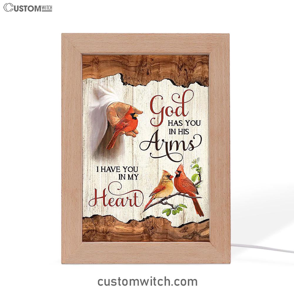 God Has You In His Arms Frame Lamp - Jesus Hand Red Cardinal Frame Lamp - Christian Art - Religious Home Decor