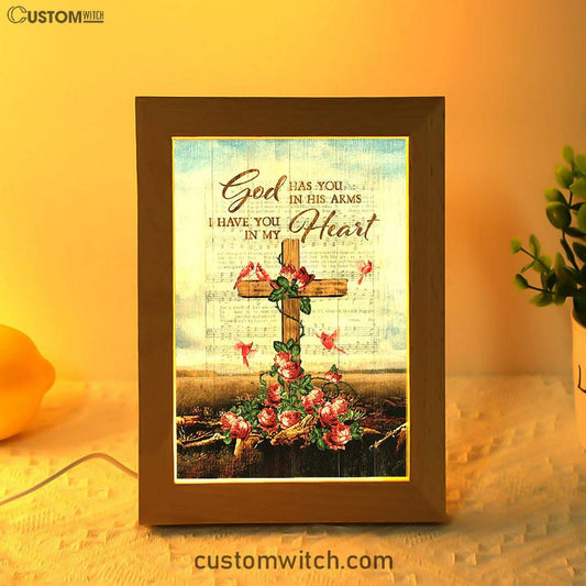 God Has You In His Arms Frame Lamp - Red Rose Cardinal Wooden Cross Frame Lamp Art - Bible Verse Wooden Lamp - Christian Home Decor