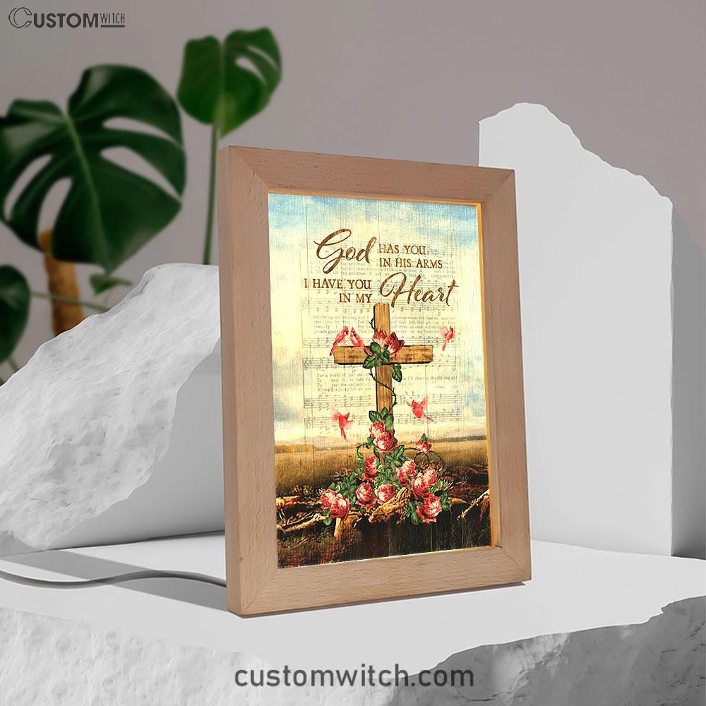 God Has You In His Arms Frame Lamp - Red Rose Cardinal Wooden Cross Frame Lamp Art - Bible Verse Wooden Lamp - Christian Home Decor