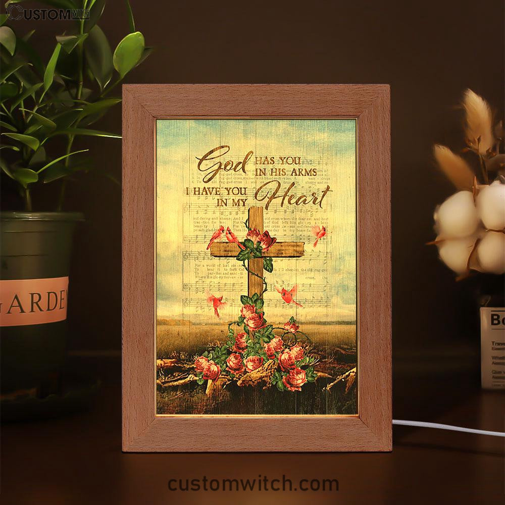 God Has You In His Arms Frame Lamp - Red Rose Cardinal Wooden Cross Frame Lamp Art - Bible Verse Wooden Lamp - Christian Home Decor