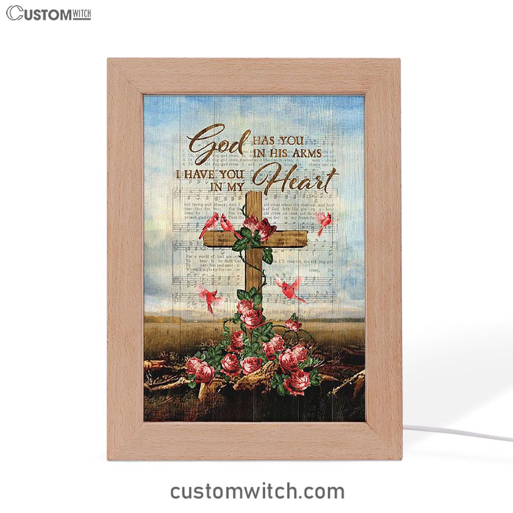 God Has You In His Arms Frame Lamp - Red Rose Cardinal Wooden Cross Frame Lamp Art - Bible Verse Wooden Lamp - Christian Home Decor