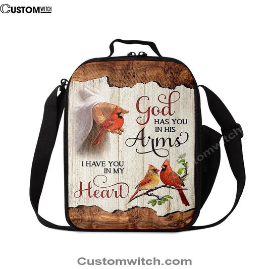 God Has You In His Arms Lunch Bag, Jesus Hand Red Cardinal Lunch Bag, Christian Lunch Bag, Religious Lunch Box For School, Picnic