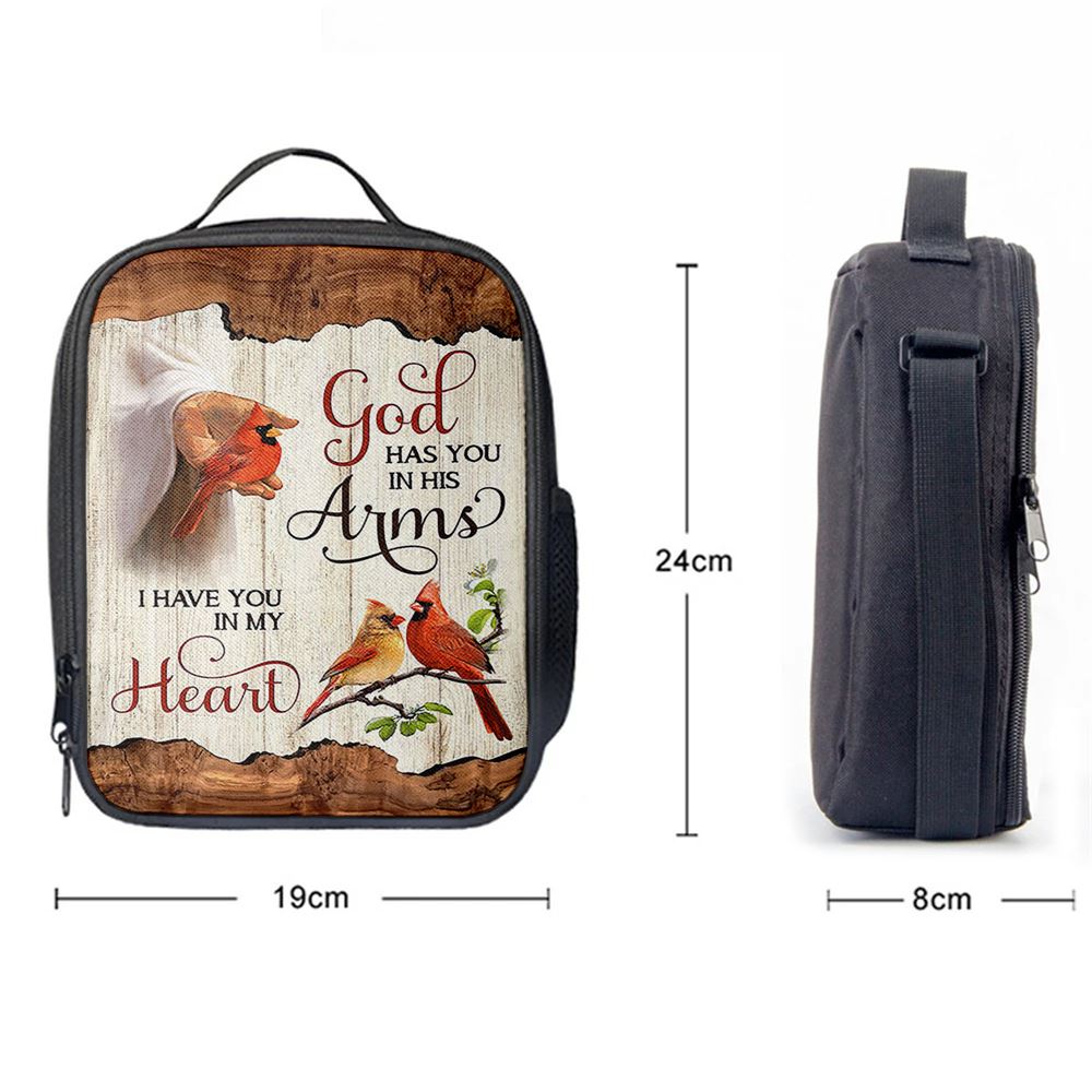God Has You In His Arms Lunch Bag, Jesus Hand Red Cardinal Lunch Bag, Christian Lunch Bag, Religious Lunch Box For School, Picnic