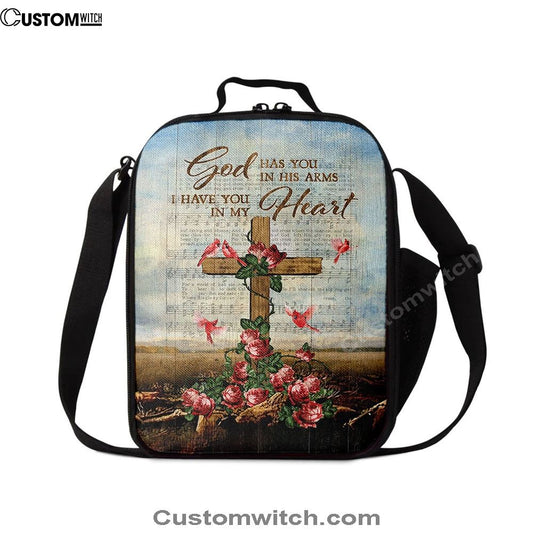 God Has You In His Arms Lunch Bag, Red Rose Cardinal Wooden Cross Lunch Bag, Christian Lunch Bag, Religious Lunch Box For School, Picnic