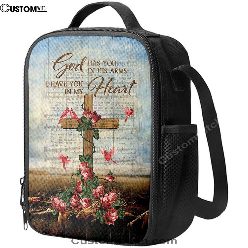 God Has You In His Arms Lunch Bag, Red Rose Cardinal Wooden Cross Lunch Bag, Christian Lunch Bag, Religious Lunch Box For School, Picnic