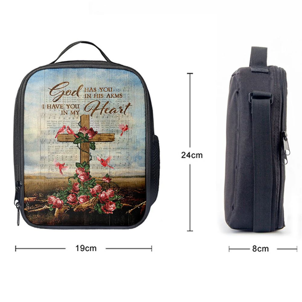 God Has You In His Arms Lunch Bag, Red Rose Cardinal Wooden Cross Lunch Bag, Christian Lunch Bag, Religious Lunch Box For School, Picnic