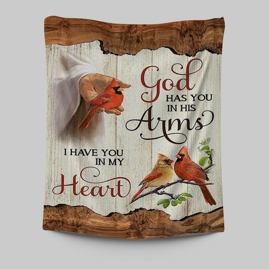 God Has You In His Arms Tapestry - Jesus Hand Red Cardinal Tapestry - Christian Wall Art - Religious Home Decor