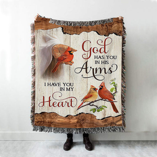 God Has You In His Arms Woven Blanket - Jesus Hand Red Cardinal Woven Blanket - Christian Throw Blanket - Religious Home Decor