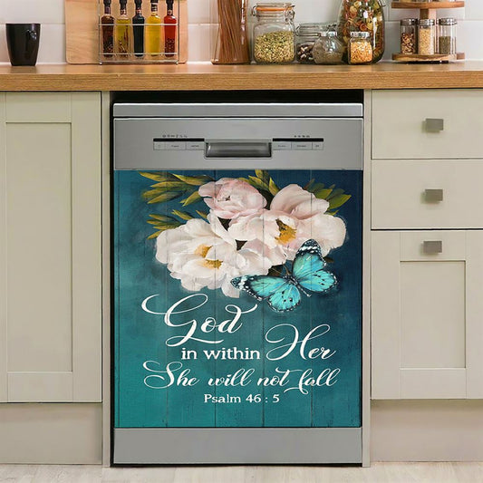 God In Within Her She Will Not Fall Beautiful Flower Butterfly Dishwasher Cover, Bible Verse Dishwasher Stickers, Christian Kitchen Decor